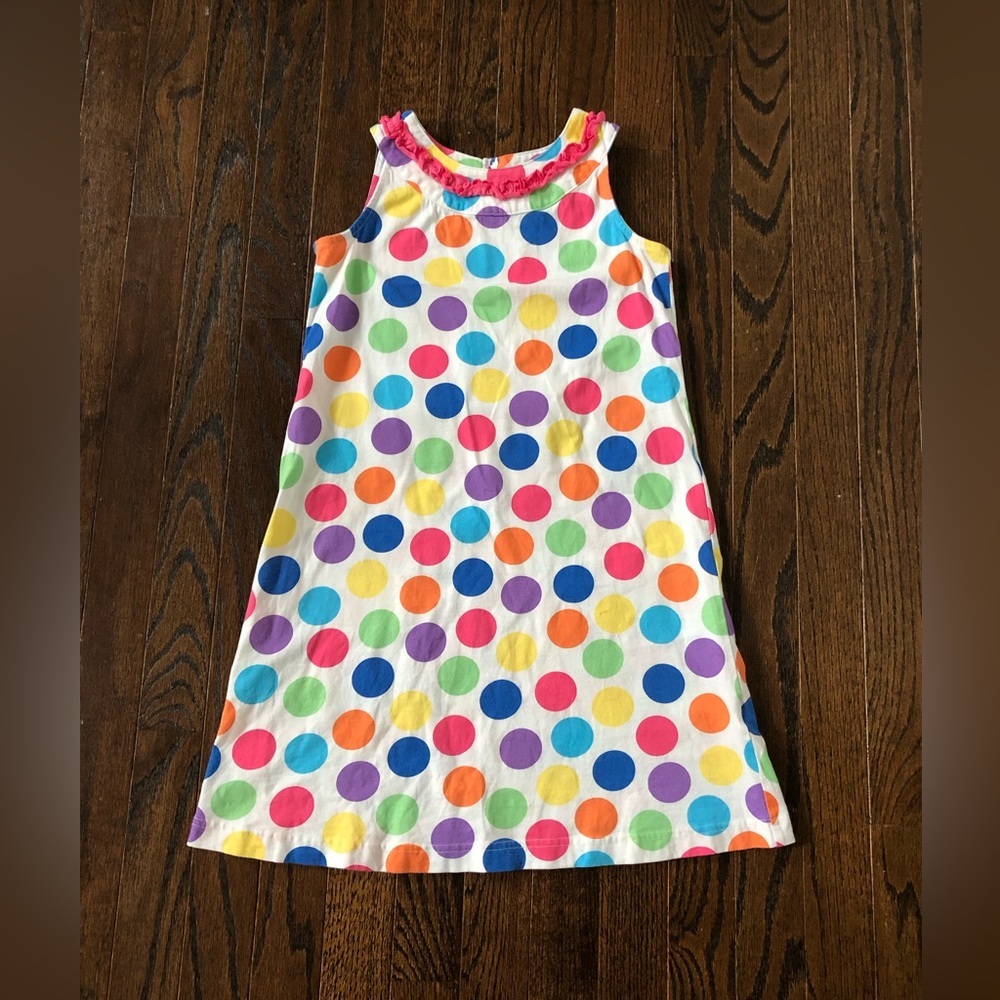 Hanna Andersson Girls 6/7 120cm White Polka Dot Apron Collar Ruffled Shift Dress